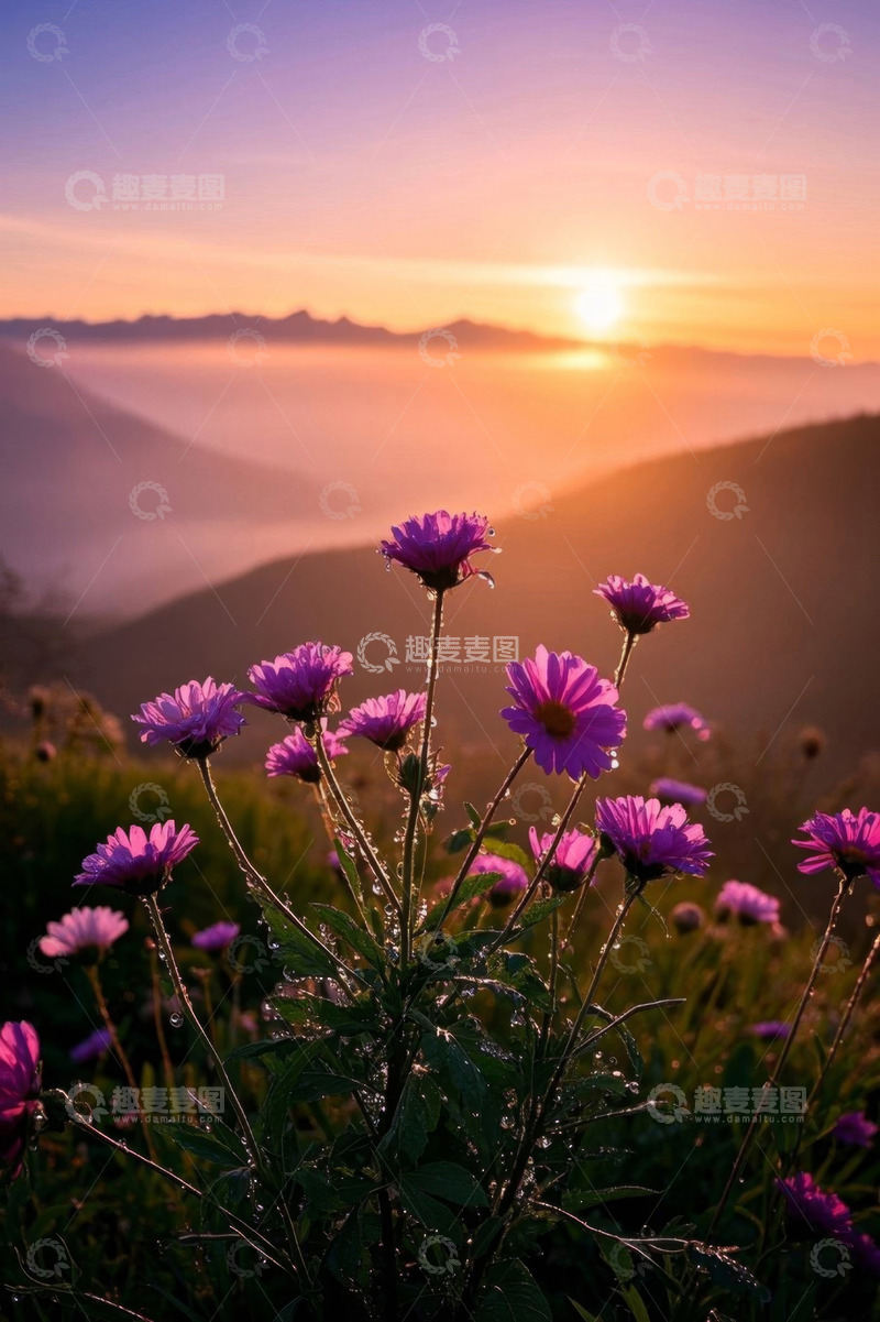 高清大图下载【趣麦麦图】山间日出时的紫色花朵