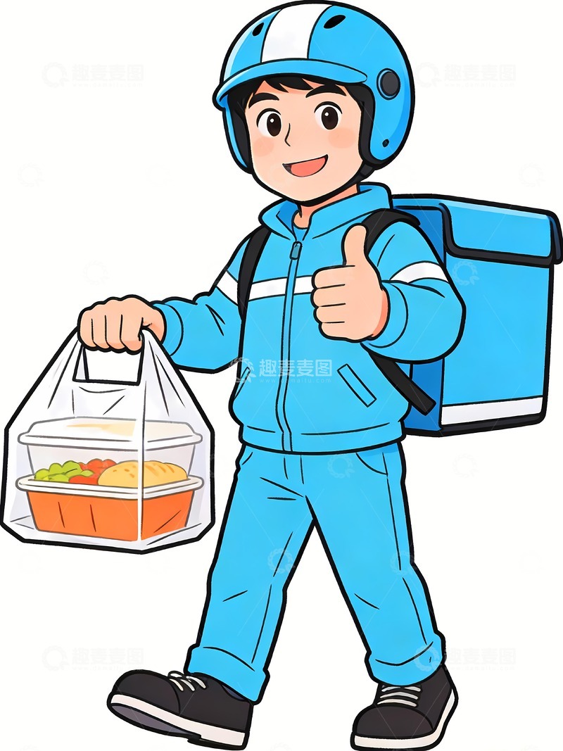 高清大图下载【趣麦麦图】竖大拇指的蓝衣服外卖员卡通