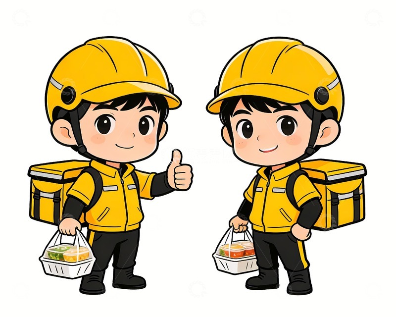 高清大图下载【趣麦麦图】两名送餐外卖员卡通