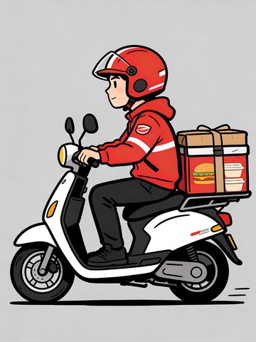 红色衣服外卖员在火速送餐