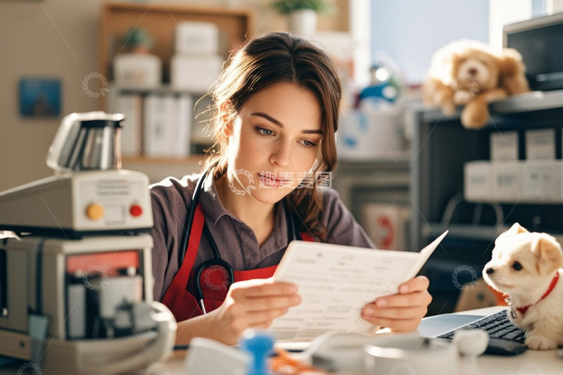 高清大图下载【趣麦麦图】女兽医查看文件与小狗相伴