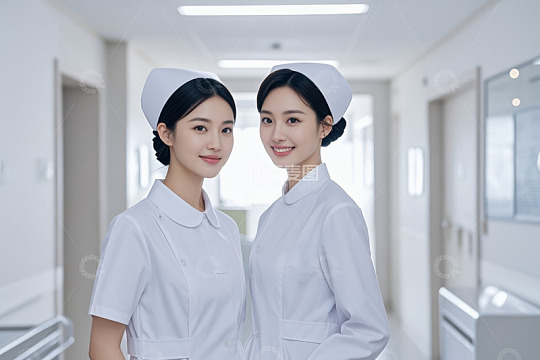 医院走廊中的两位白衣护士