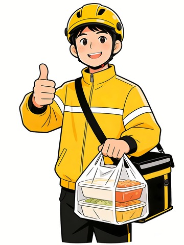 一名送餐外卖员竖起大拇指