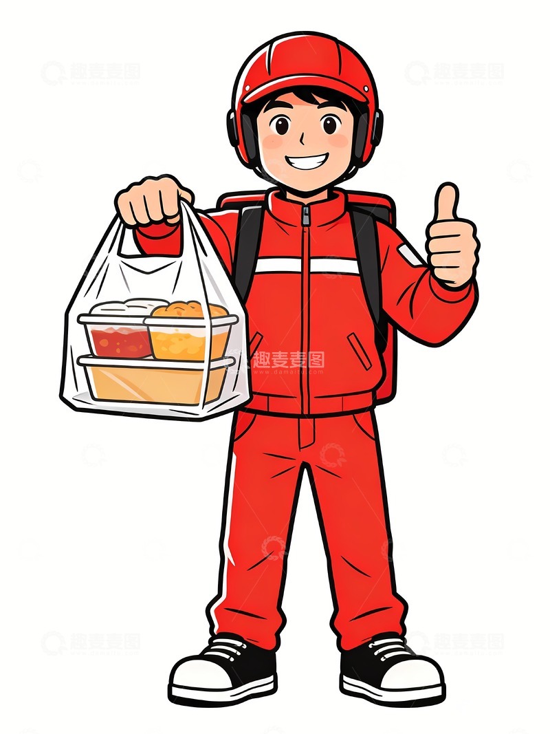 高清大图下载【趣麦麦图】卡通竖大拇指的蓝衣服外卖员