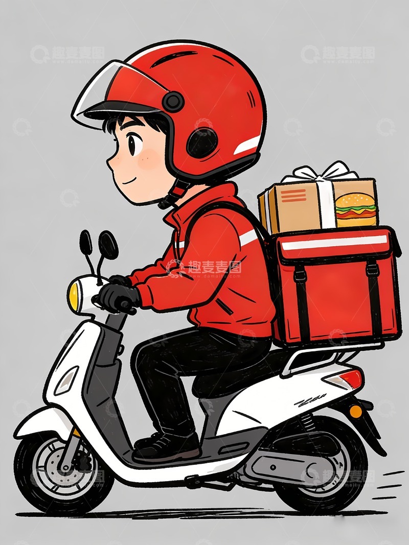 高清大图下载【趣麦麦图】骑摩托的外卖员穿红色衣服
