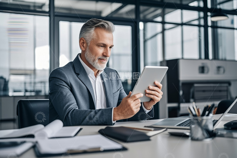 高清大图下载【趣麦麦图】商务男士办公室使用平板电脑