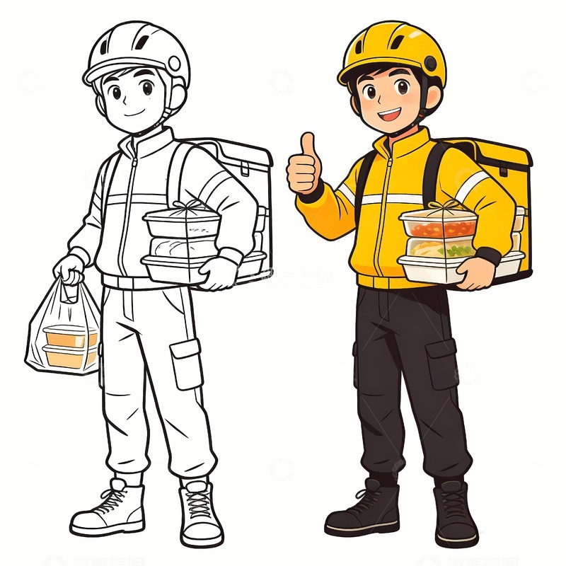 高清大图下载【趣麦麦图】一名穿黄色衣服外卖员形象与勾线画