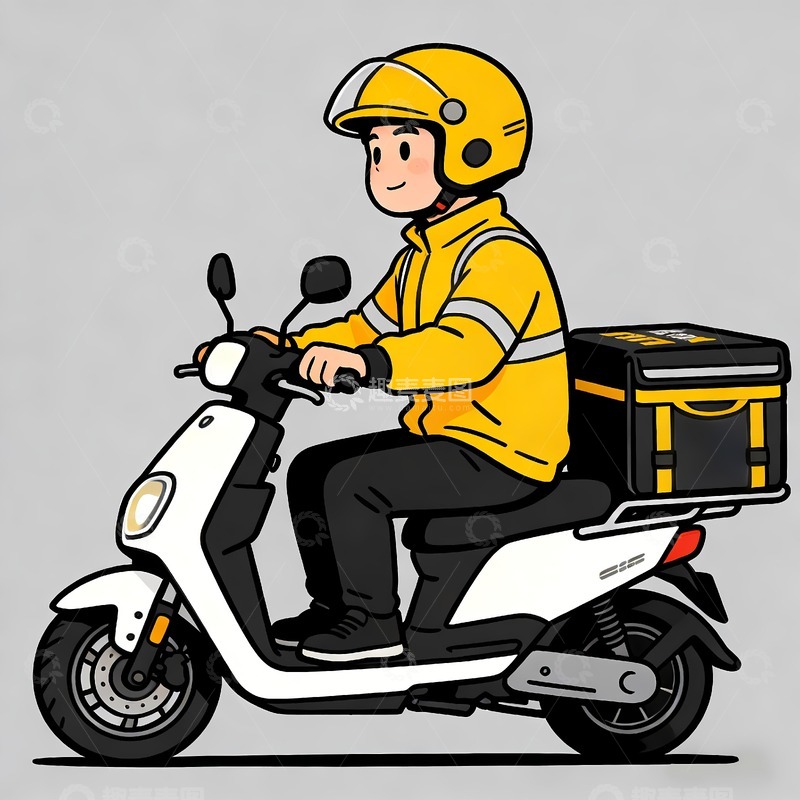 高清大图下载【趣麦麦图】骑摩托穿黄衣服的外卖员