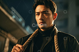 夜晚男子手持绳索神情严肃