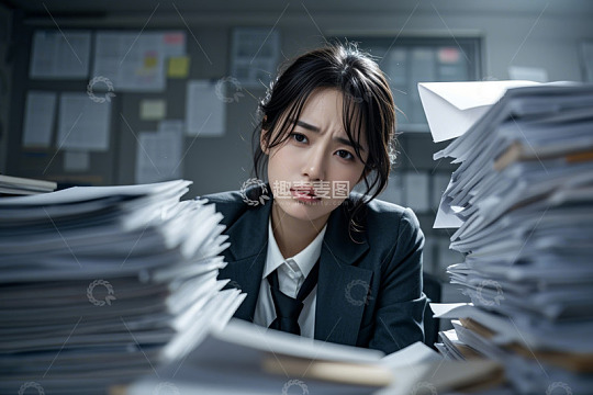 商务女性面对大量文件工作场景