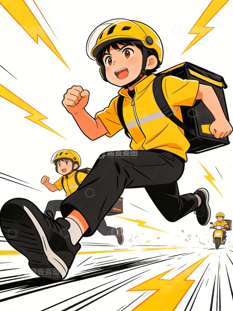 高清大图下载【趣麦麦图】正在急速奔跑的外卖员