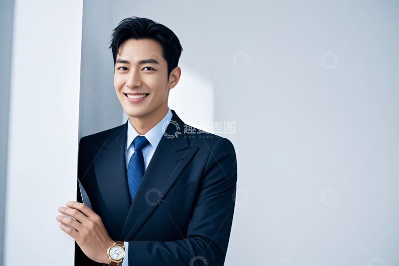 高清大图下载【趣麦麦图】身着西装的男士微笑倚靠
