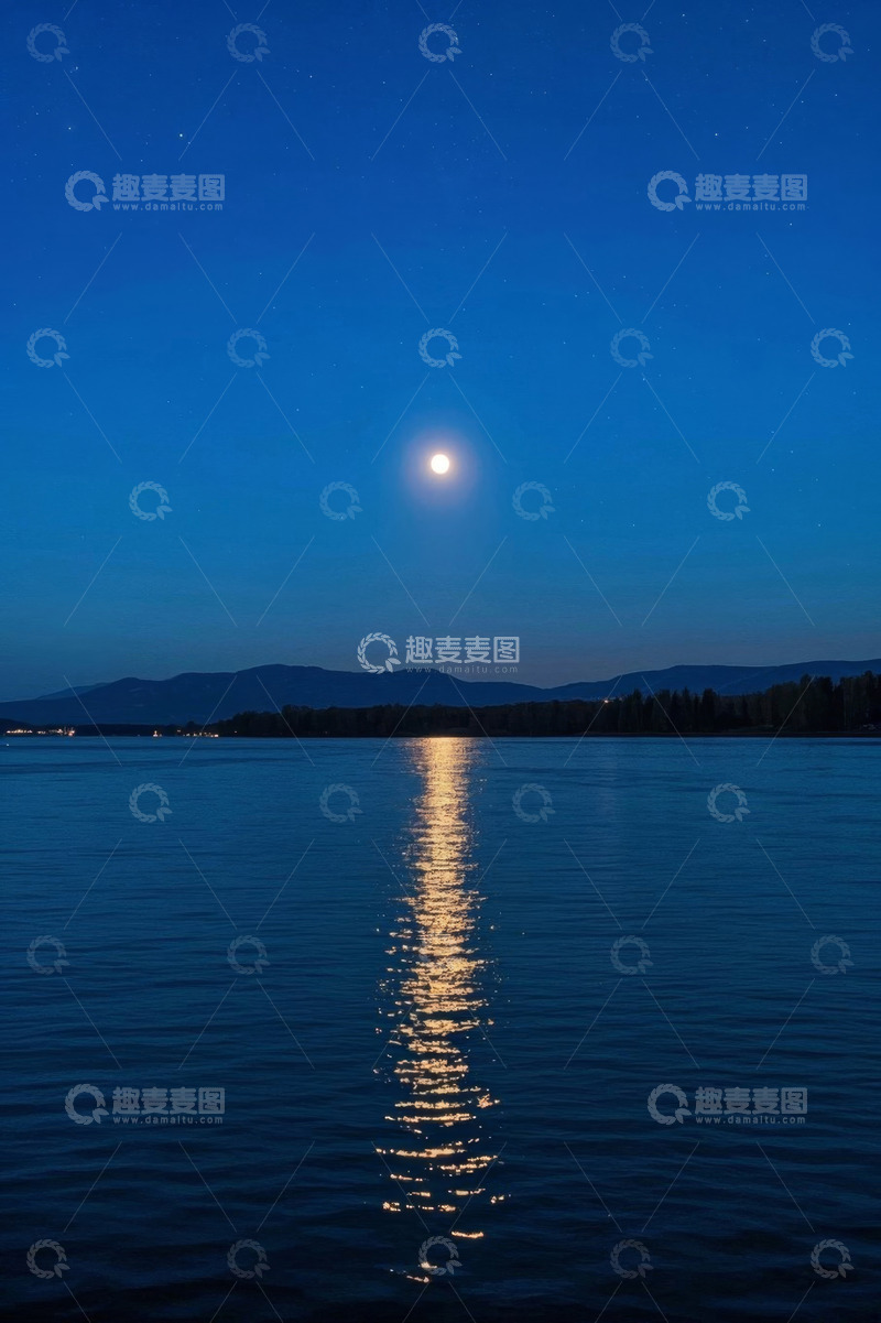 高清大图下载【趣麦麦图】月夜湖面与远山景观
