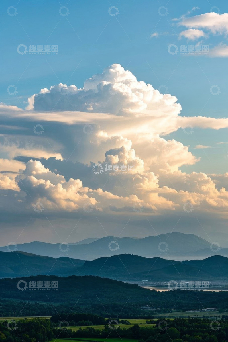高清大图下载【趣麦麦图】蓝天白云下的远山与植被景观
