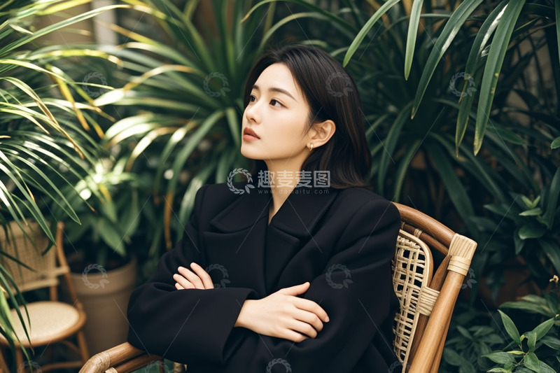 高清大图下载【趣麦麦图】年轻女子坐于绿植间抱臂沉思