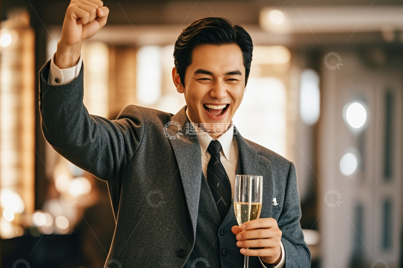 高清大图下载【趣麦麦图】西装男子举香槟欢呼