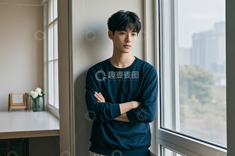 高清大图下载【趣麦麦图】男子窗边站立抱臂