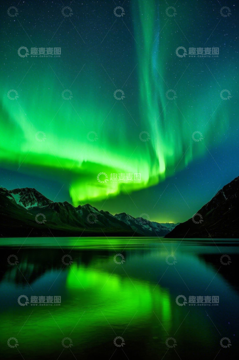 高清大图下载【趣麦麦图】夜空下湖面反射的极光景观