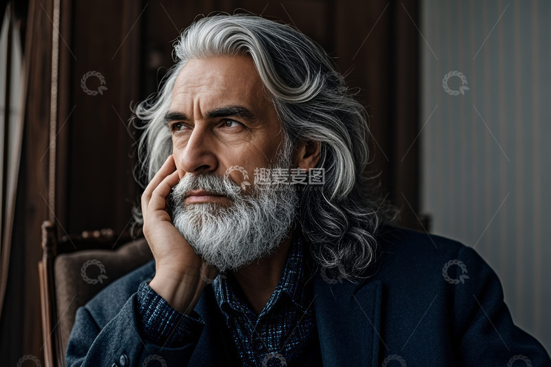 高清大图下载【趣麦麦图】沉思的白发老人男性肖像