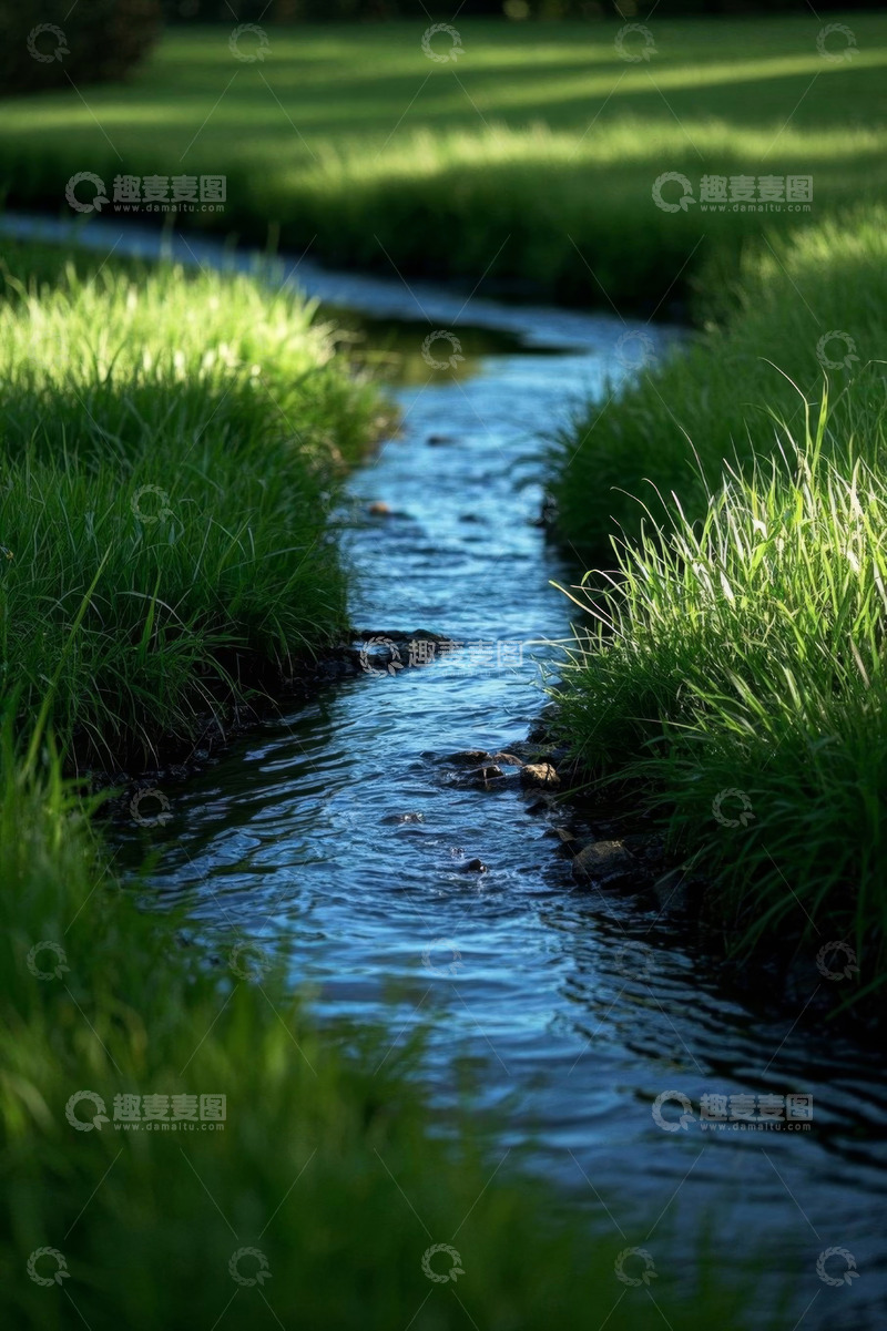 高清大图下载【趣麦麦图】户外溪流旁的绿色草地景观