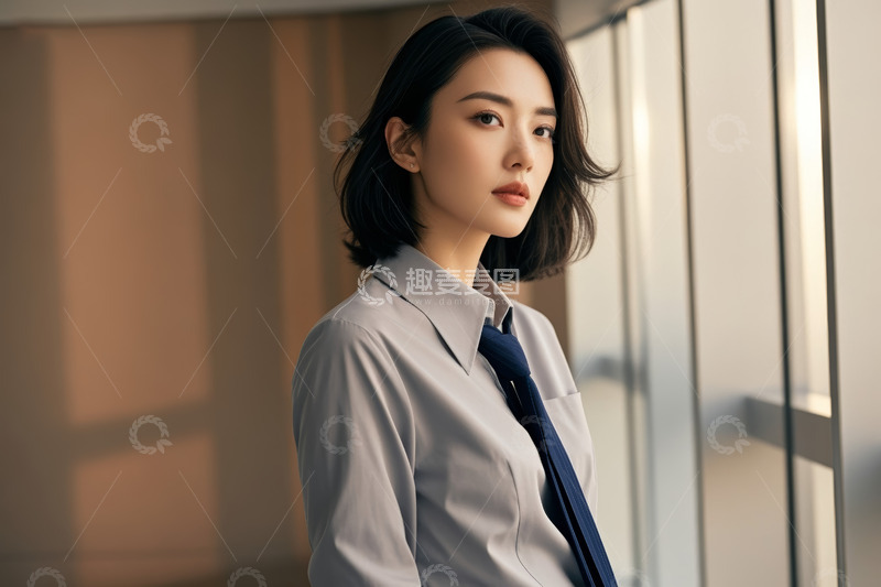 高清大图下载【趣麦麦图】职业女性办公室窗前侧立肖像