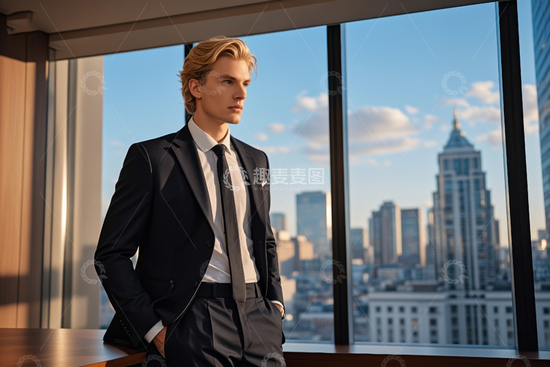 高清大图下载【趣麦麦图】商务男士倚窗眺望城市景观