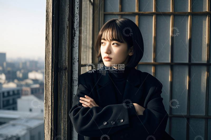 高清大图下载【趣麦麦图】窗边站立的黑衣短发女子
