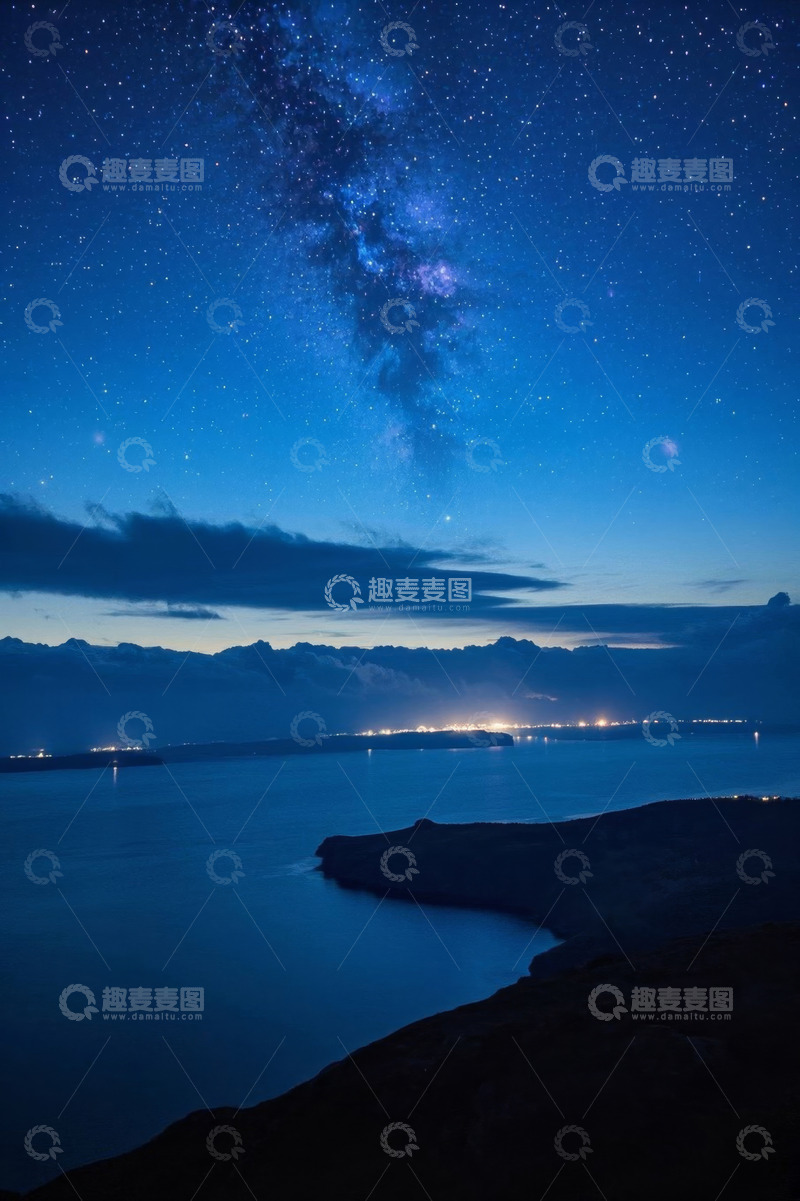 高清大图下载【趣麦麦图】海边夜空繁星与城市灯火