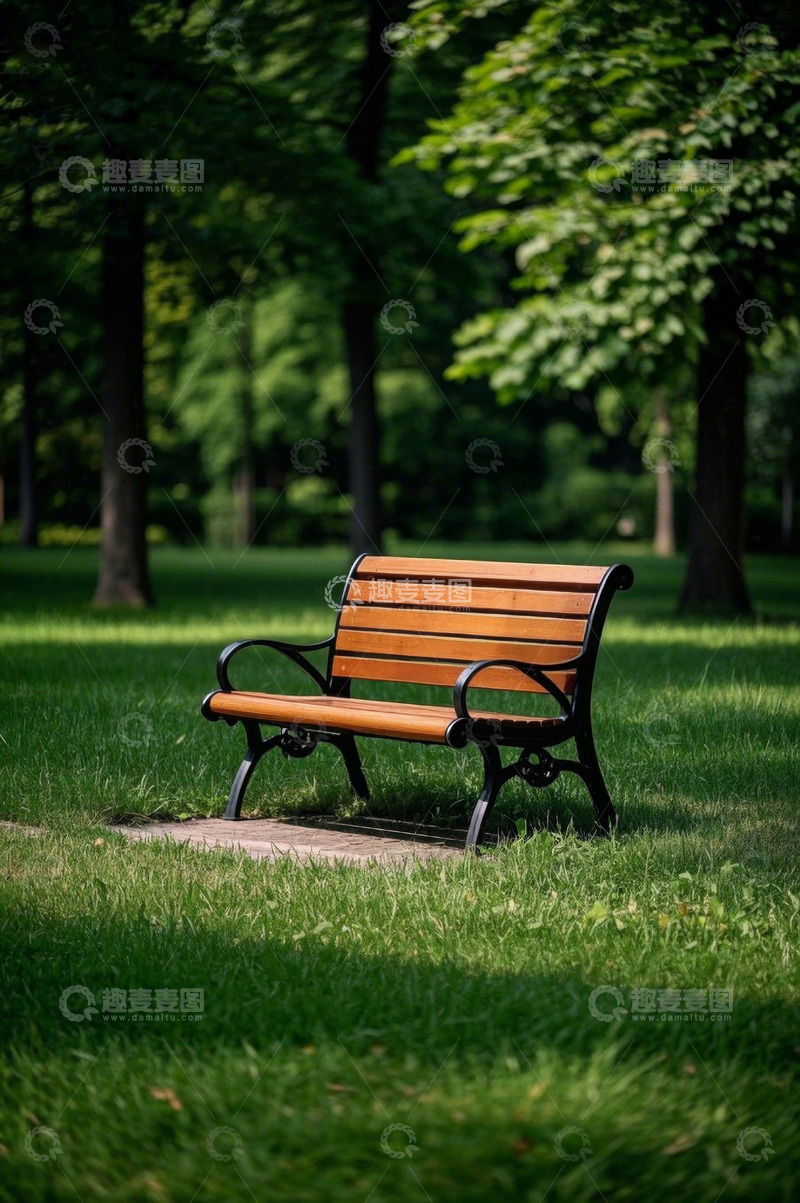 高清大图下载【趣麦麦图】公园草地中的木质长椅