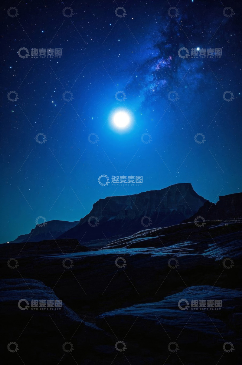 高清大图下载【趣麦麦图】月夜下的山脉与星空