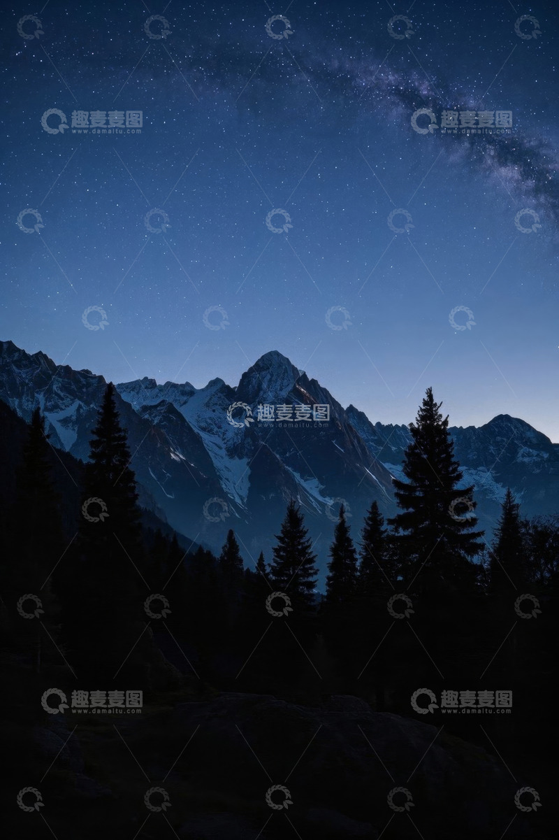 高清大图下载【趣麦麦图】雪山星空下的森林夜景