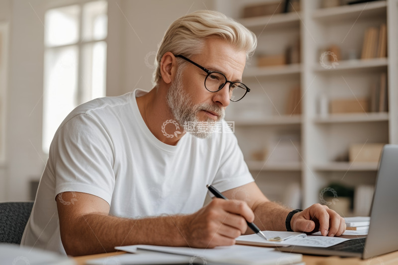 高清大图下载【趣麦麦图】白发男子室内使用笔记本电脑办公