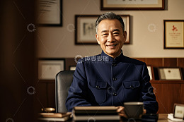 身着中山装的男士端坐微笑