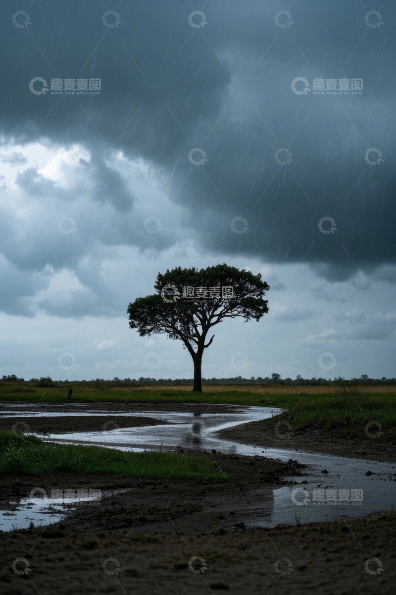 高清大图下载【趣麦麦图】雨中旷野孤树风景