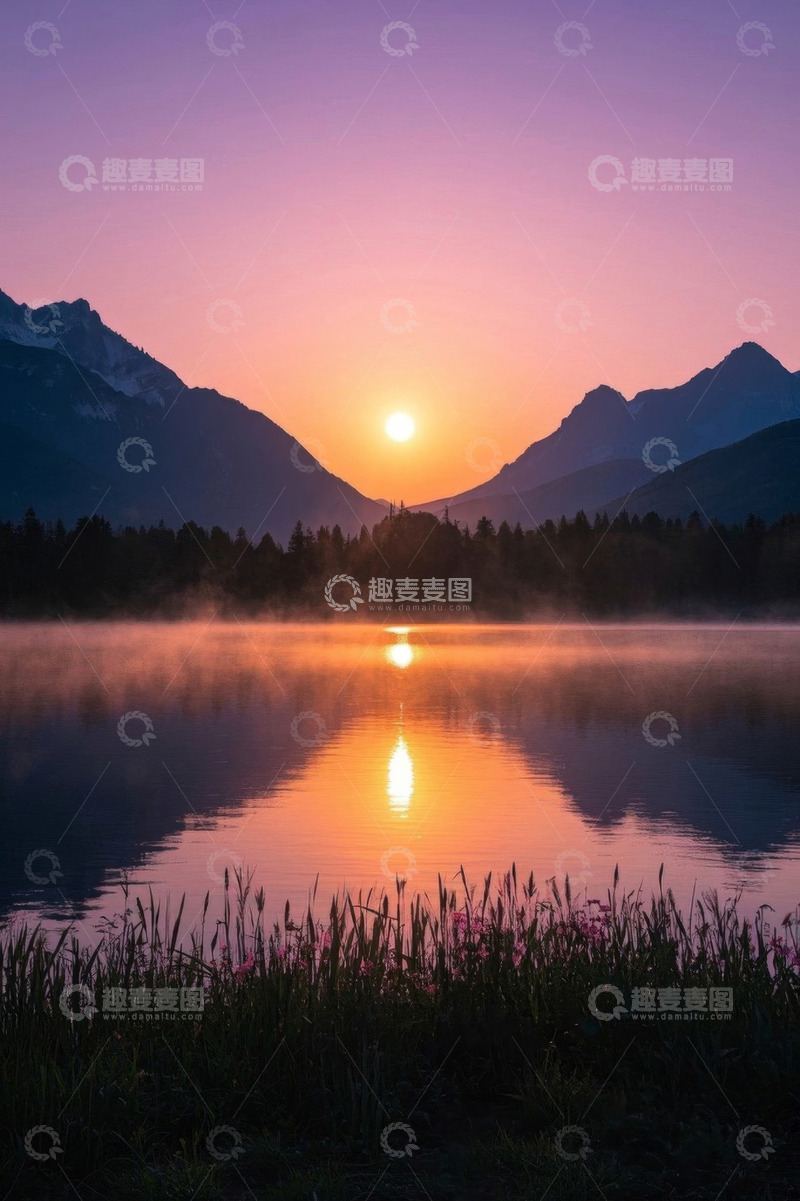 高清大图下载【趣麦麦图】湖光山色中的日出美景