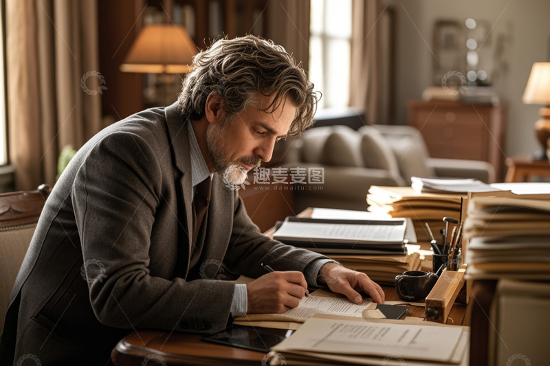 高清大图下载【趣麦麦图】西装男子伏案书写办公场景