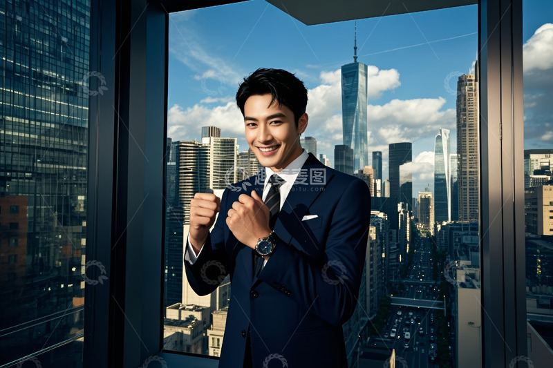 高清大图下载【趣麦麦图】商务男士于窗边握拳自信微笑