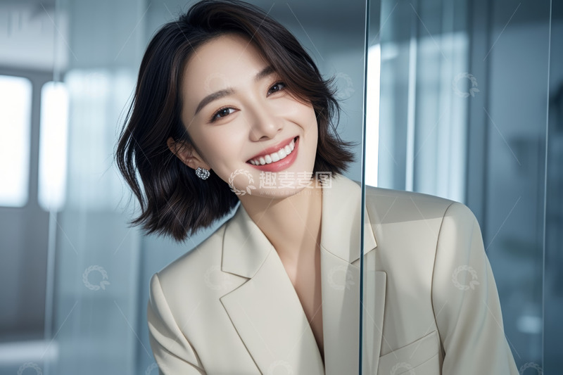 高清大图下载【趣麦麦图】职业女性微笑倚靠玻璃