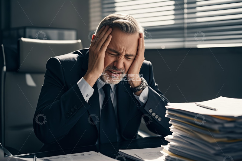 高清大图下载【趣麦麦图】商务男士办公桌前抱头显疲惫