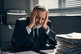 商务男士办公桌前抱头显疲惫