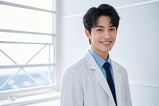 穿白大褂微笑的年轻男性