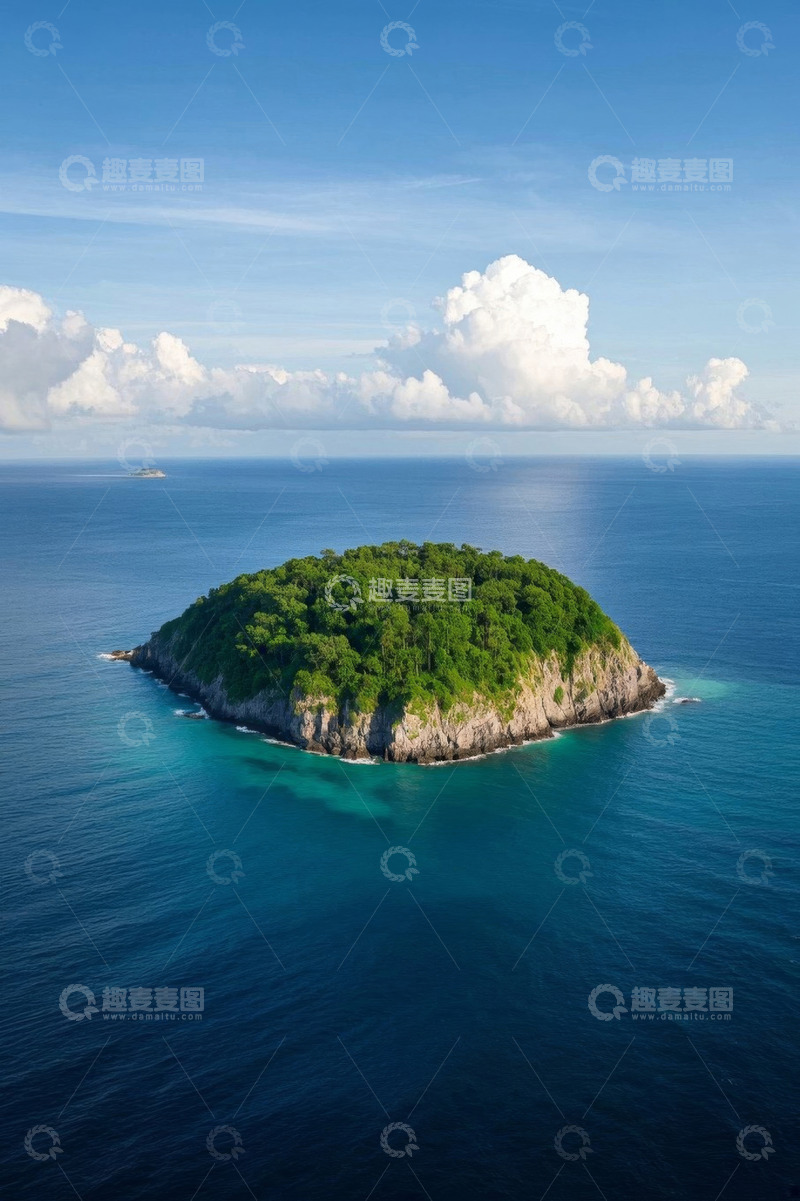 高清大图下载【趣麦麦图】海洋中的绿植覆盖岛屿航拍