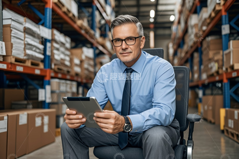 高清大图下载【趣麦麦图】男士仓库内使用平板电脑办公