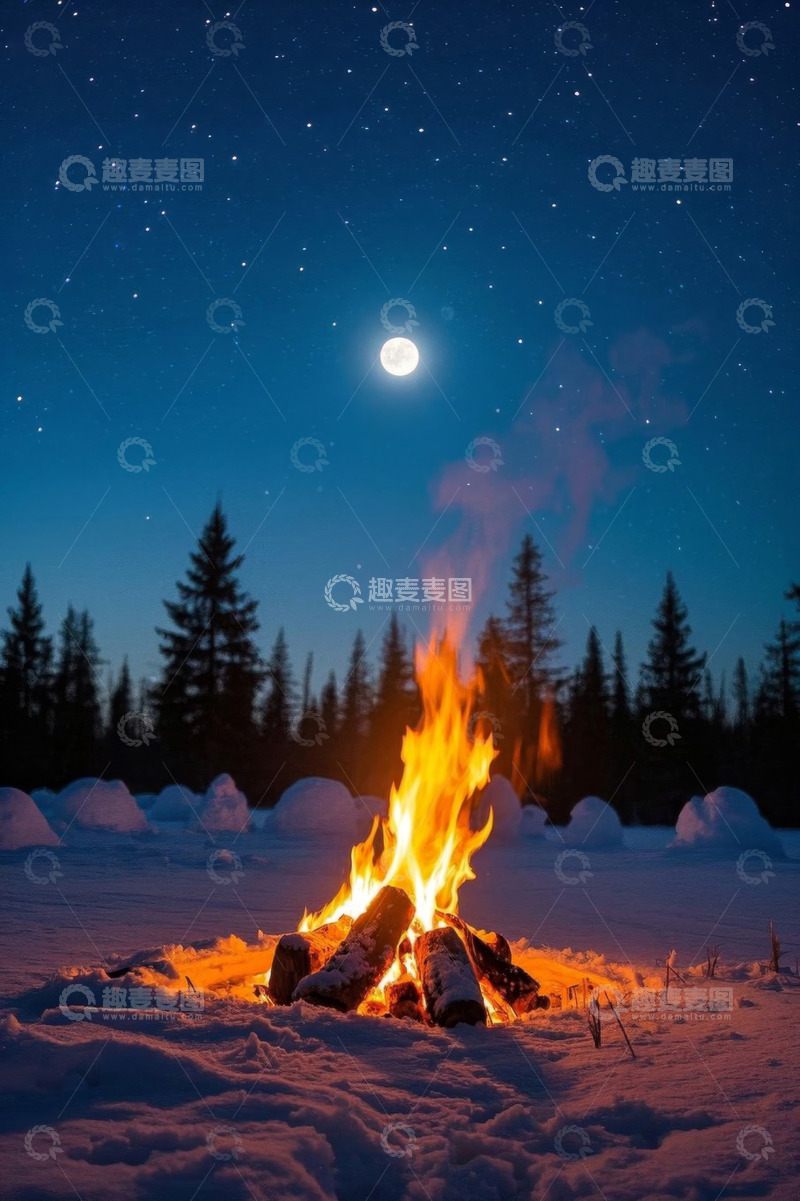 高清大图下载【趣麦麦图】雪地篝火夜景与星空