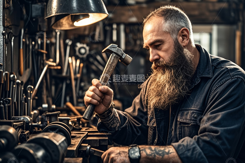 高清大图下载【趣麦麦图】车间工人手持锤子专注工作