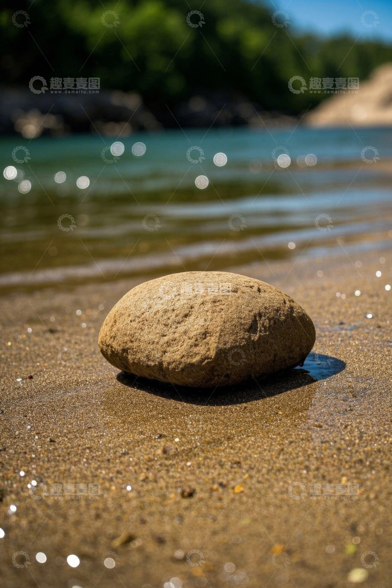 高清大图下载【趣麦麦图】沙滩上的石头与波光粼粼水面