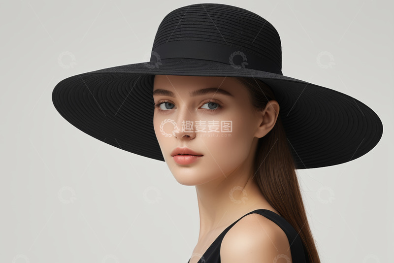高清大图下载【趣麦麦图】戴黑色宽檐帽女性特写