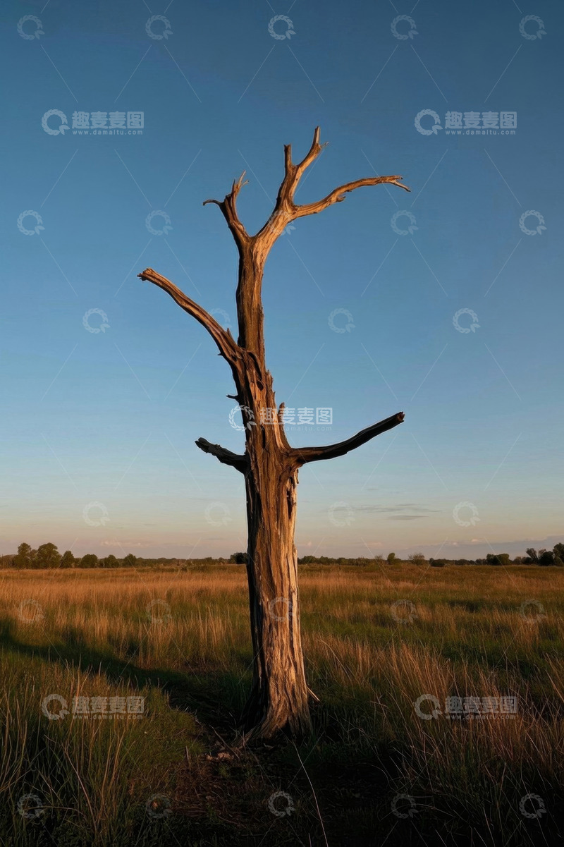 高清大图下载【趣麦麦图】旷野中枯树立于蓝天之下