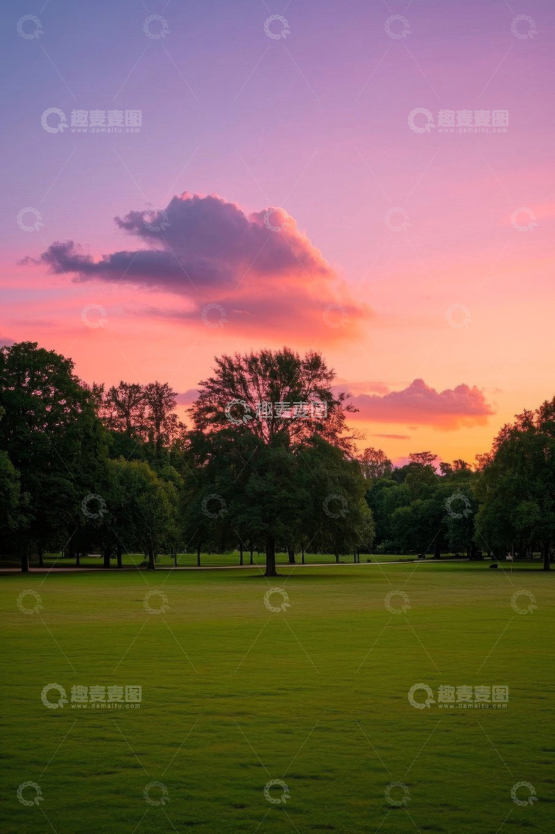 高清大图下载【趣麦麦图】公园草地旁的黄昏天空景象