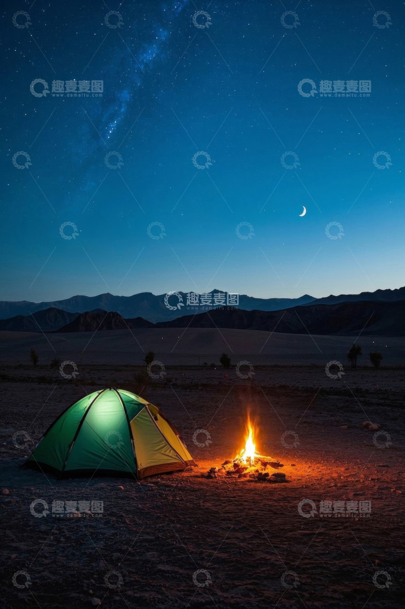 高清大图下载【趣麦麦图】夜晚野外露营帐篷篝火场景
